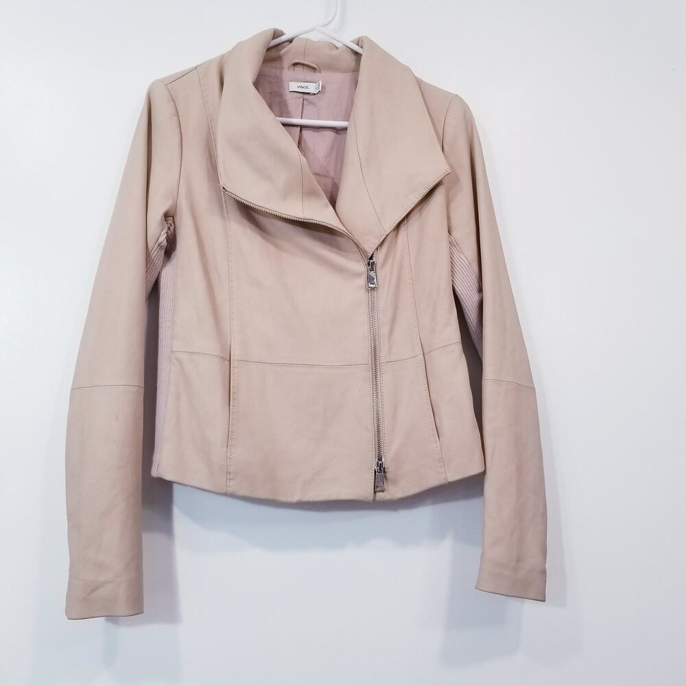 VINCE 100% Goat Leather Merino Wool Ribbed Trim Moto Jacket Double Zipper